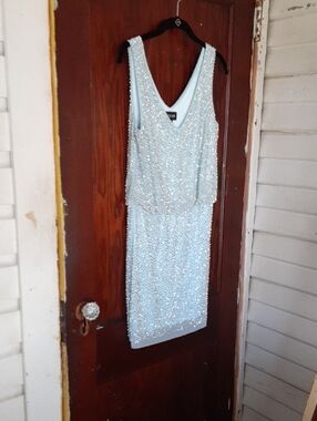 Escape Beaded Pale Blue V-Neck Mini Dress
